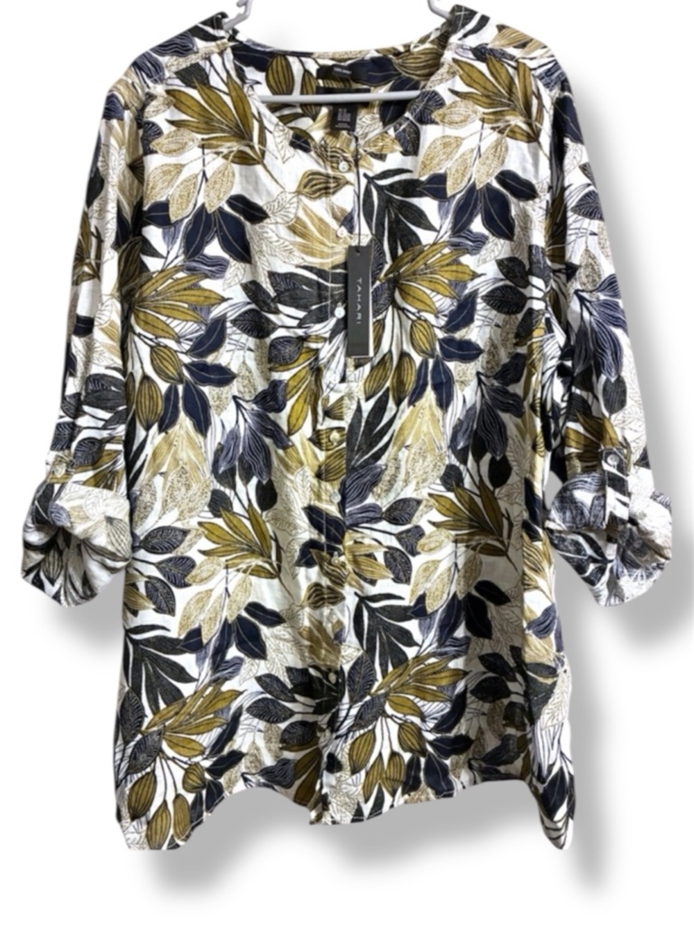 🌴 NWT Tahari Linen Leaf Print Button Front Blouse Roll Tab Sleeves Size 3X